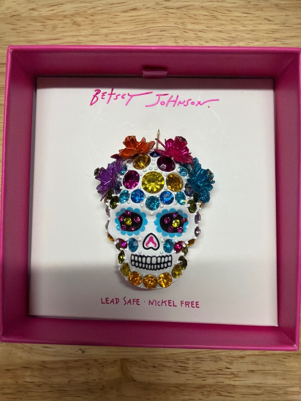 Betsey Johnson Colorful Crystal Sugar Skull Brooch Pin in Gift Box